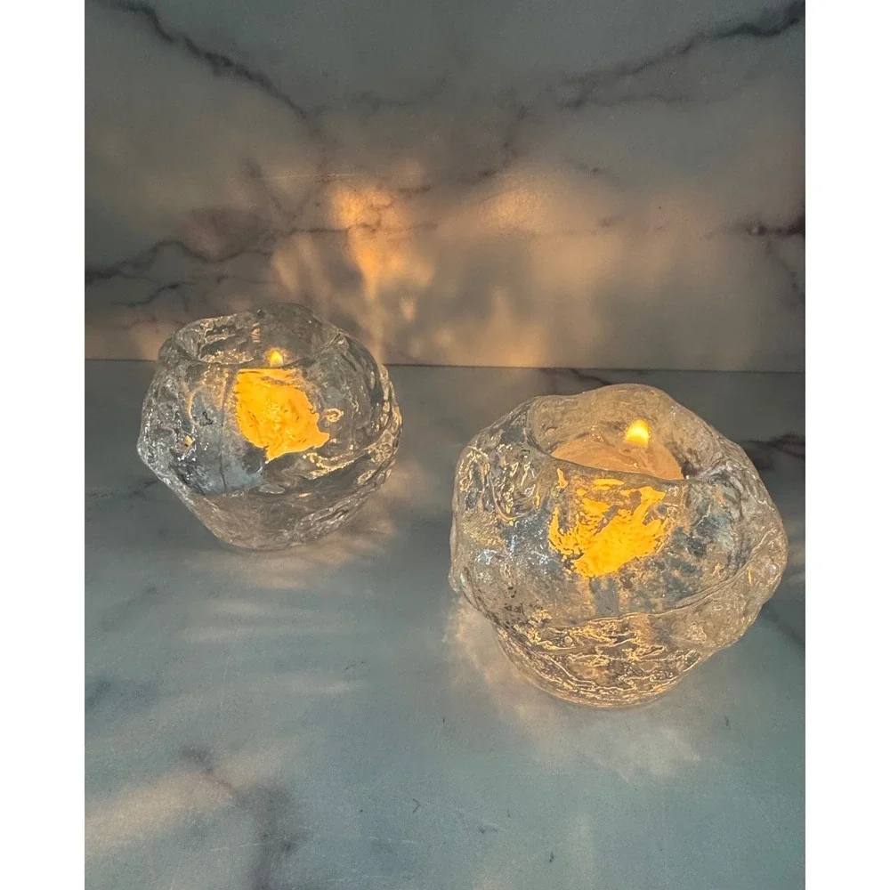 Kosta Boda Snowball Votive Candle Holders Set of 2 Ann Warff Swedish Glass Clear